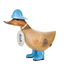 Wooden duck figurine with a blue hat and boots on a white background