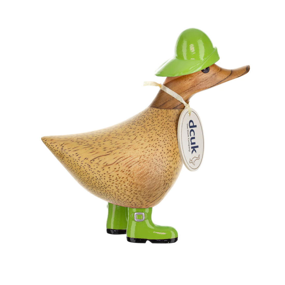 Wooden duck figurine with a green hat and boots on a white background