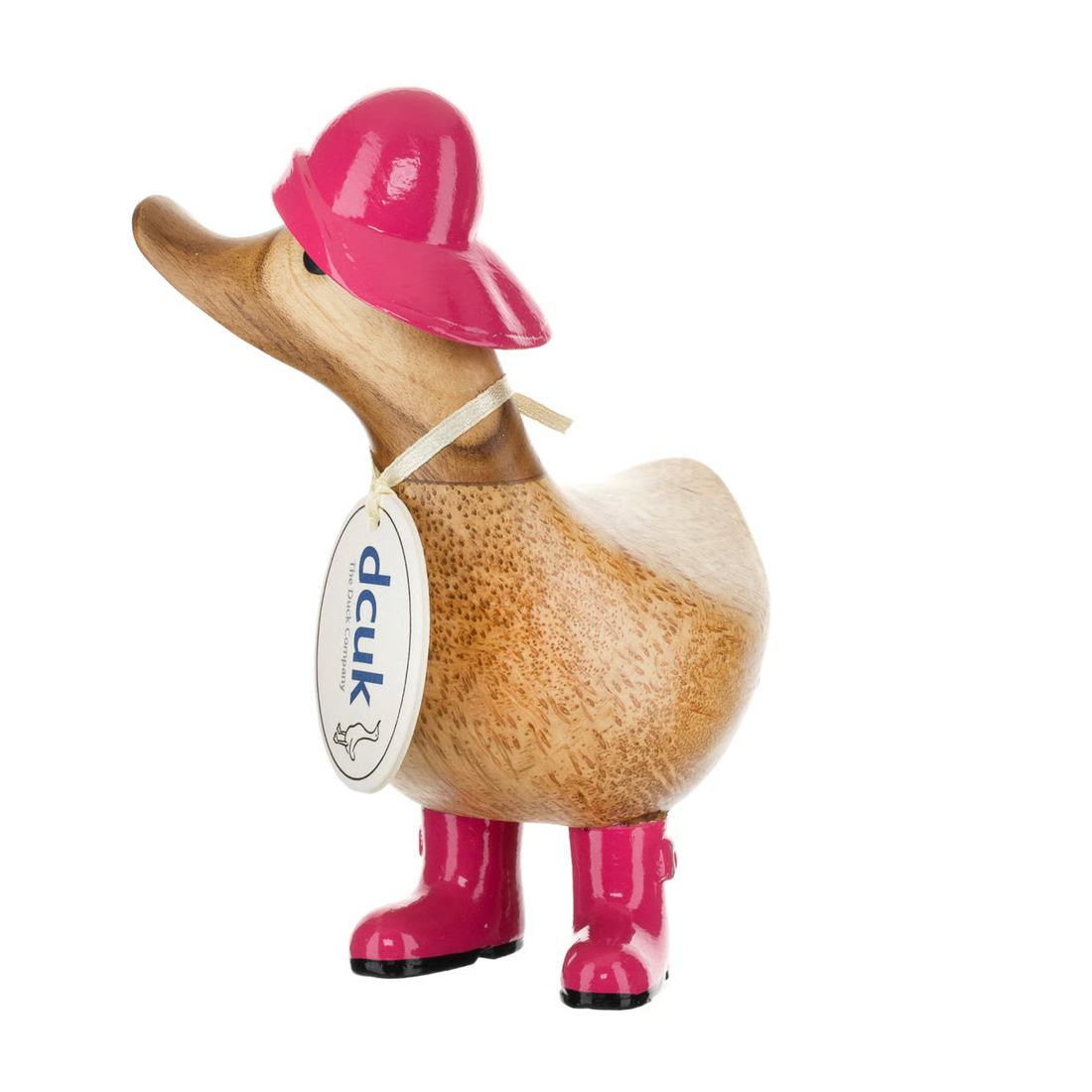 Wooden duck figurine with pink helmet and boots on a white background