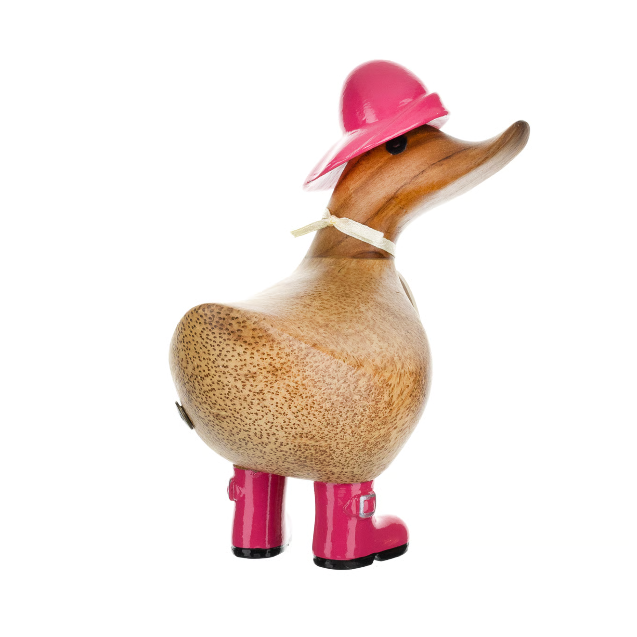 Duck figurine wearing a pink hat and boots on a white background