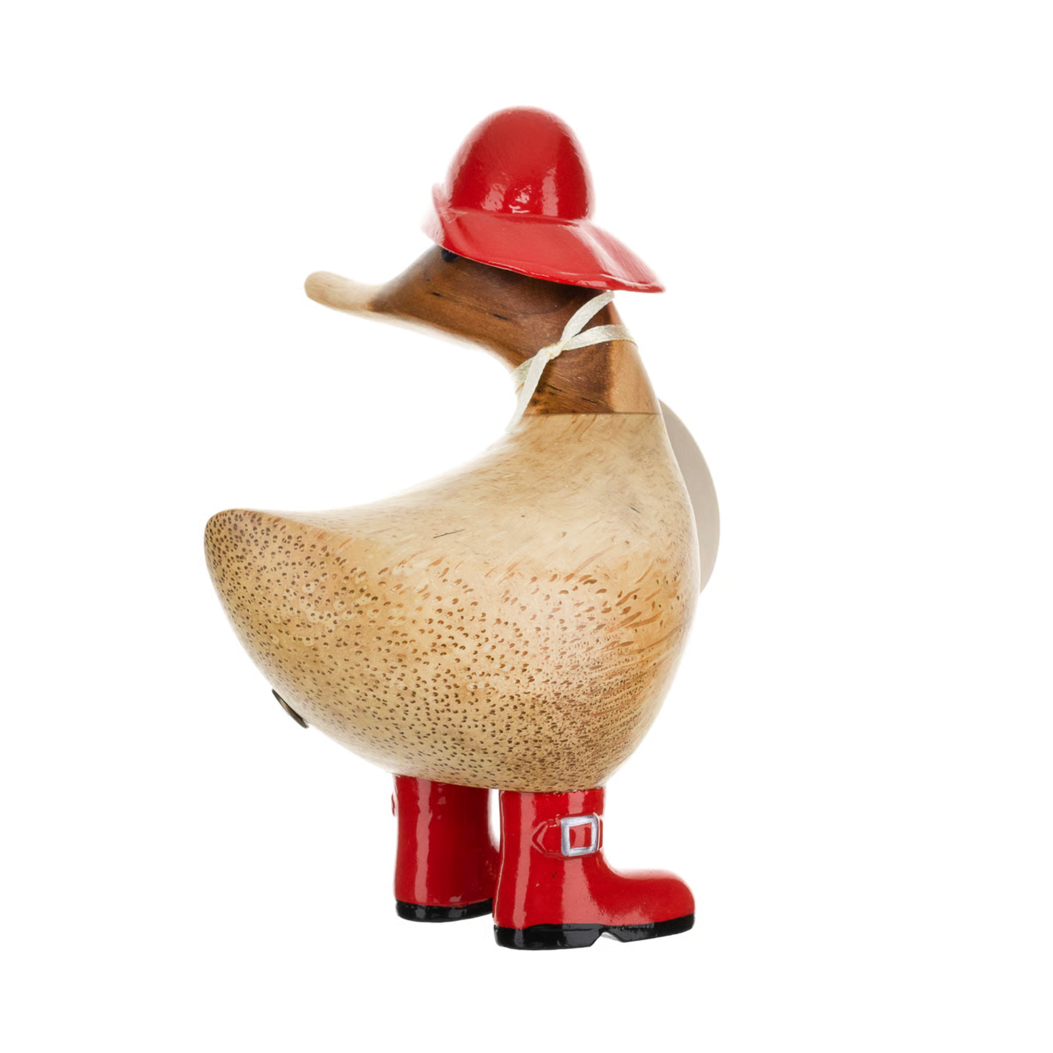 Decorative duck figurine wearing a red helmet and boots on a white background