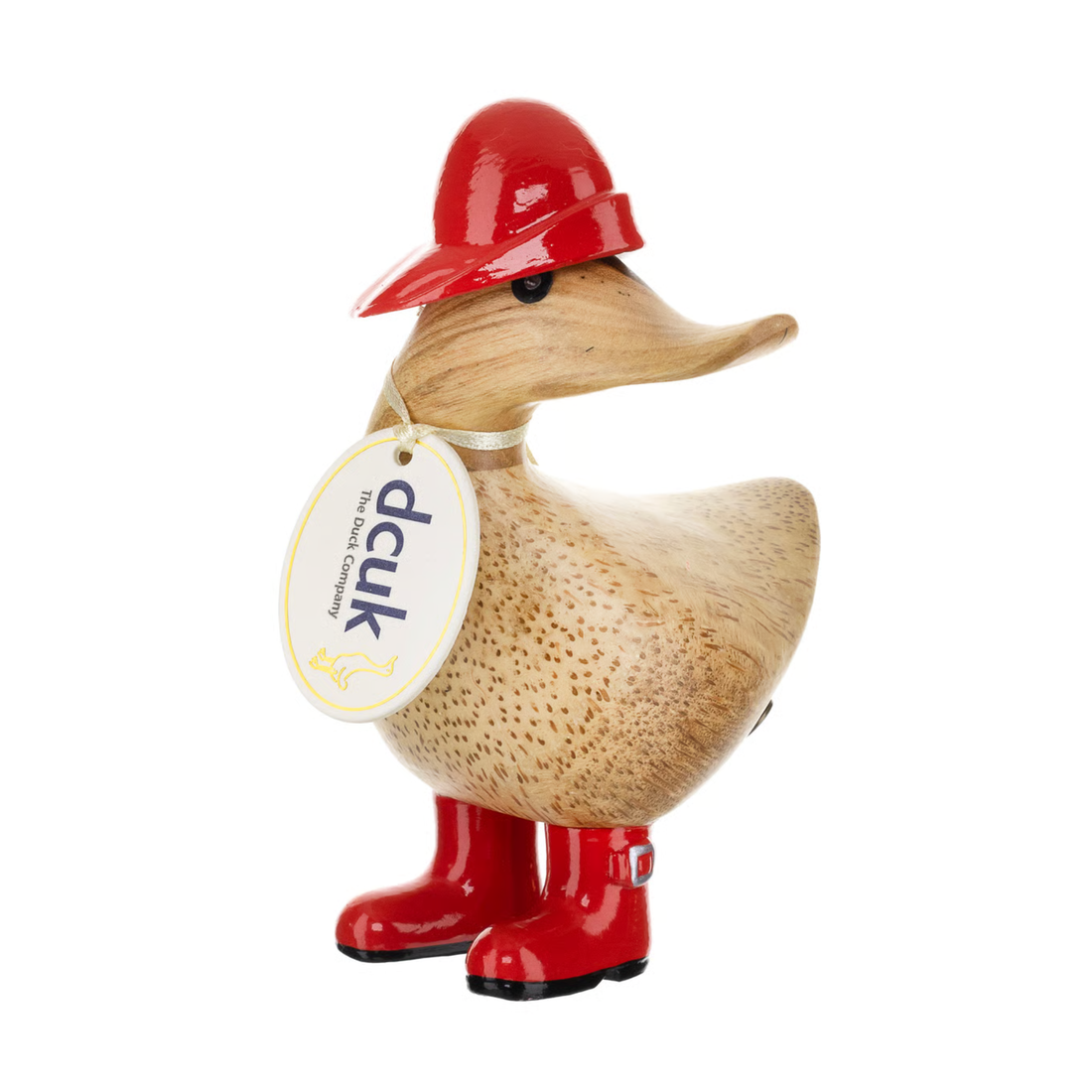 Duck figurine with a red helmet and boots wearing a &