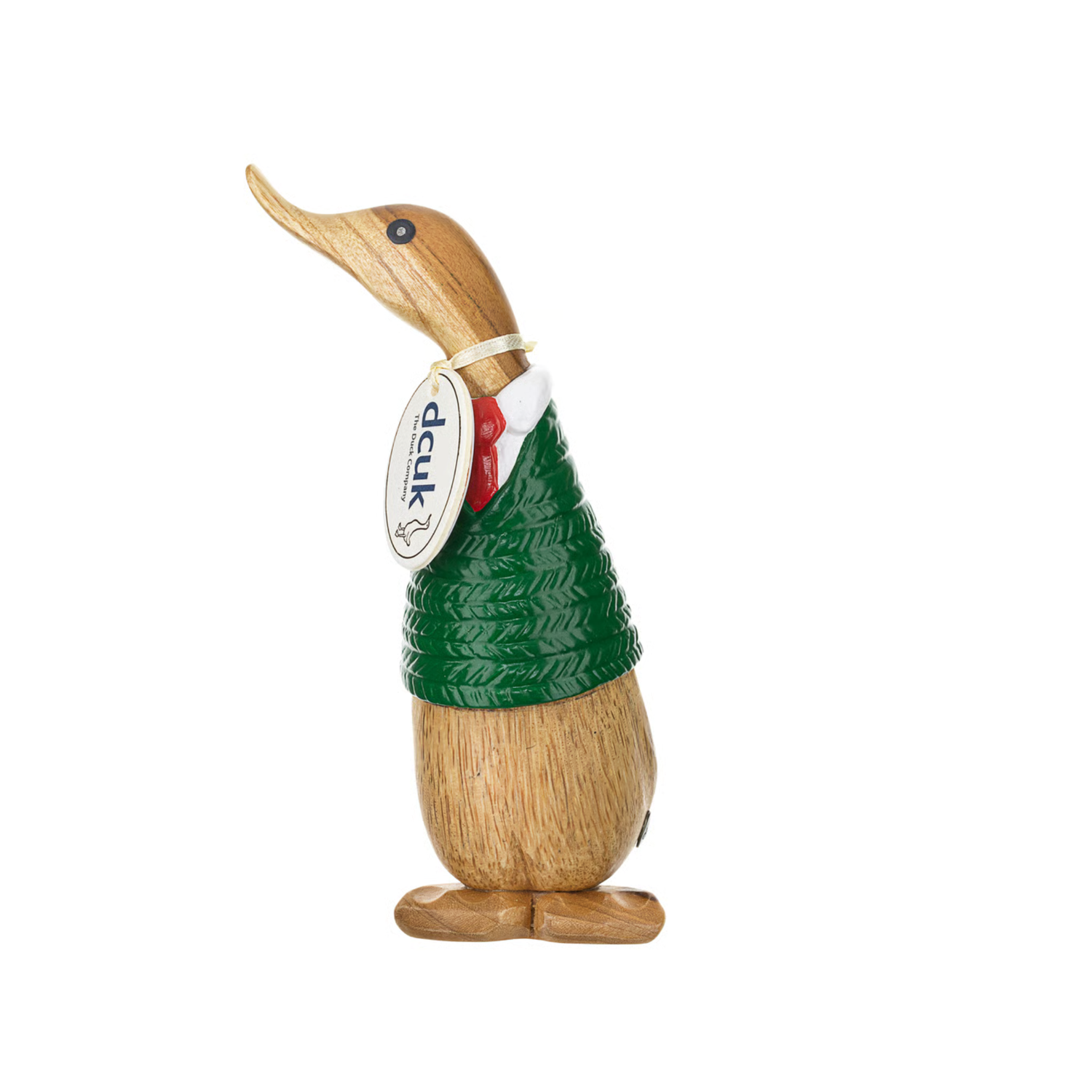 Wooden duck figurine wearing a green sweater with a visible brand tag on a white background