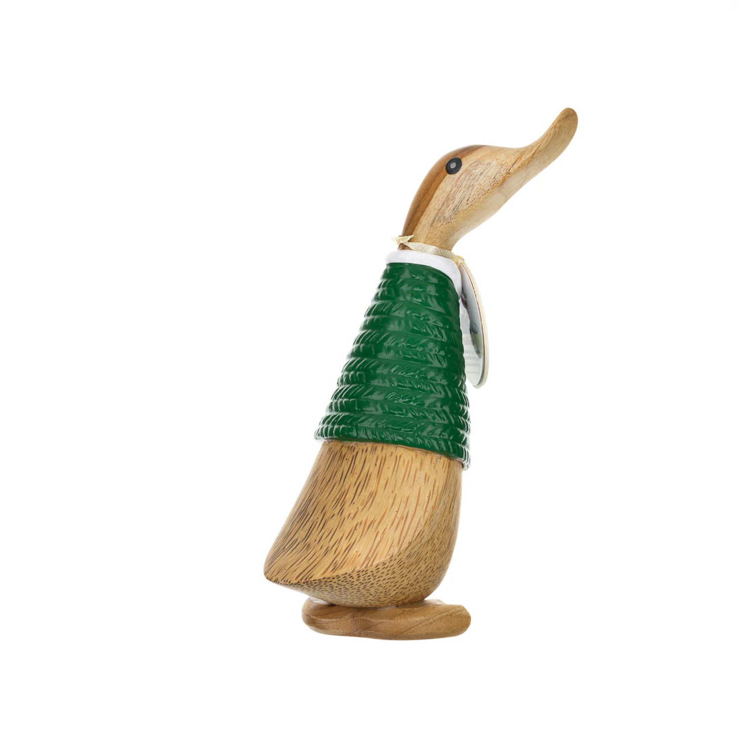 Wooden duck figurine with green body on a white background