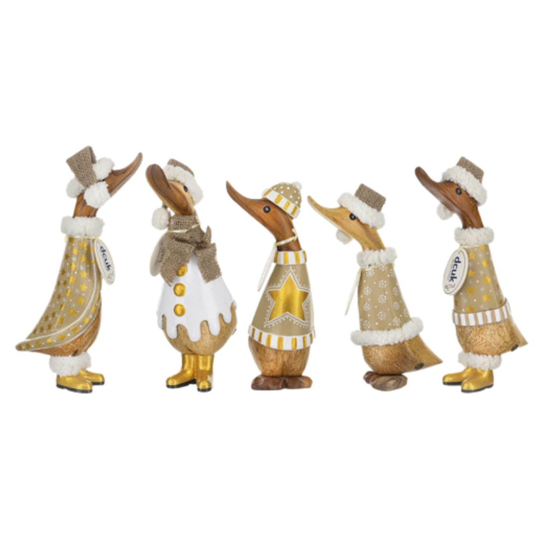 Five decorative duck figurines wearing winter clothing on a white background