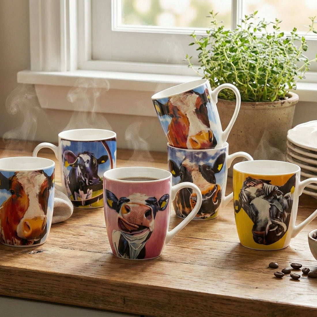 Colorful cow-patterned mugs on a wooden table with coffee-making equipment and coffee beans.