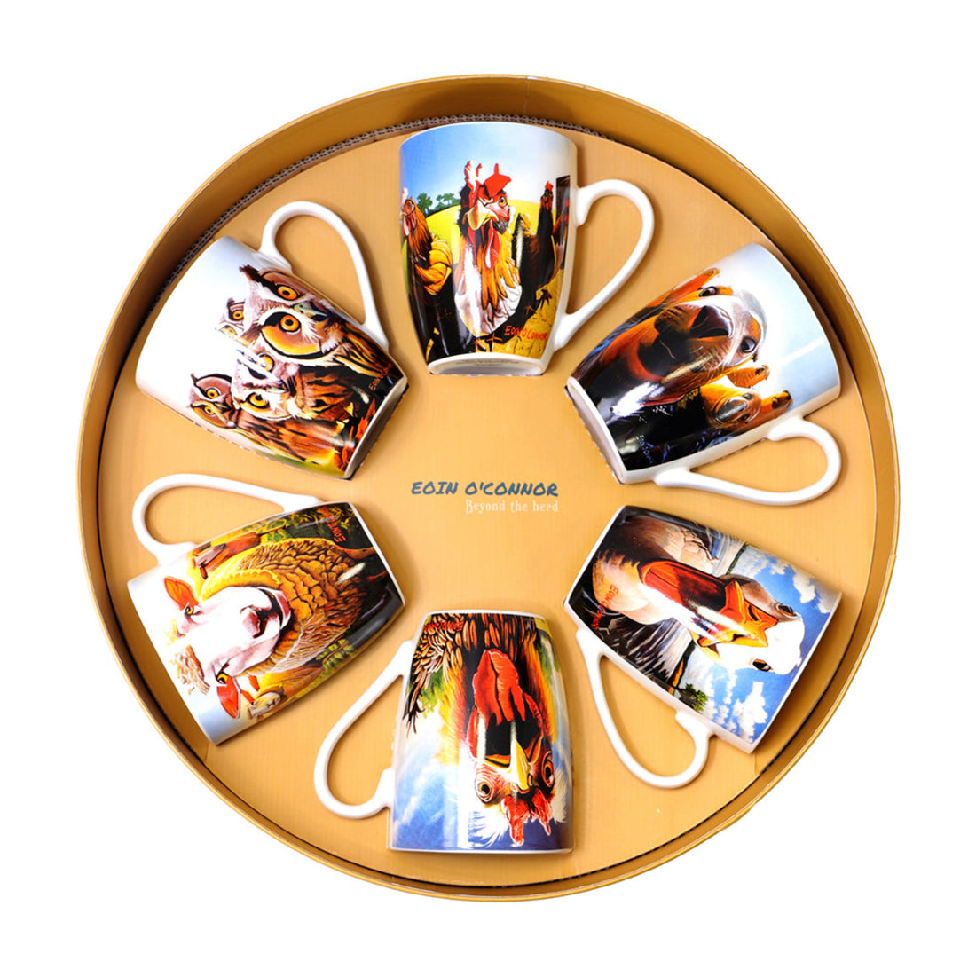 Set of six animal-themed mugs arranged in a circular pattern on a matching tray.