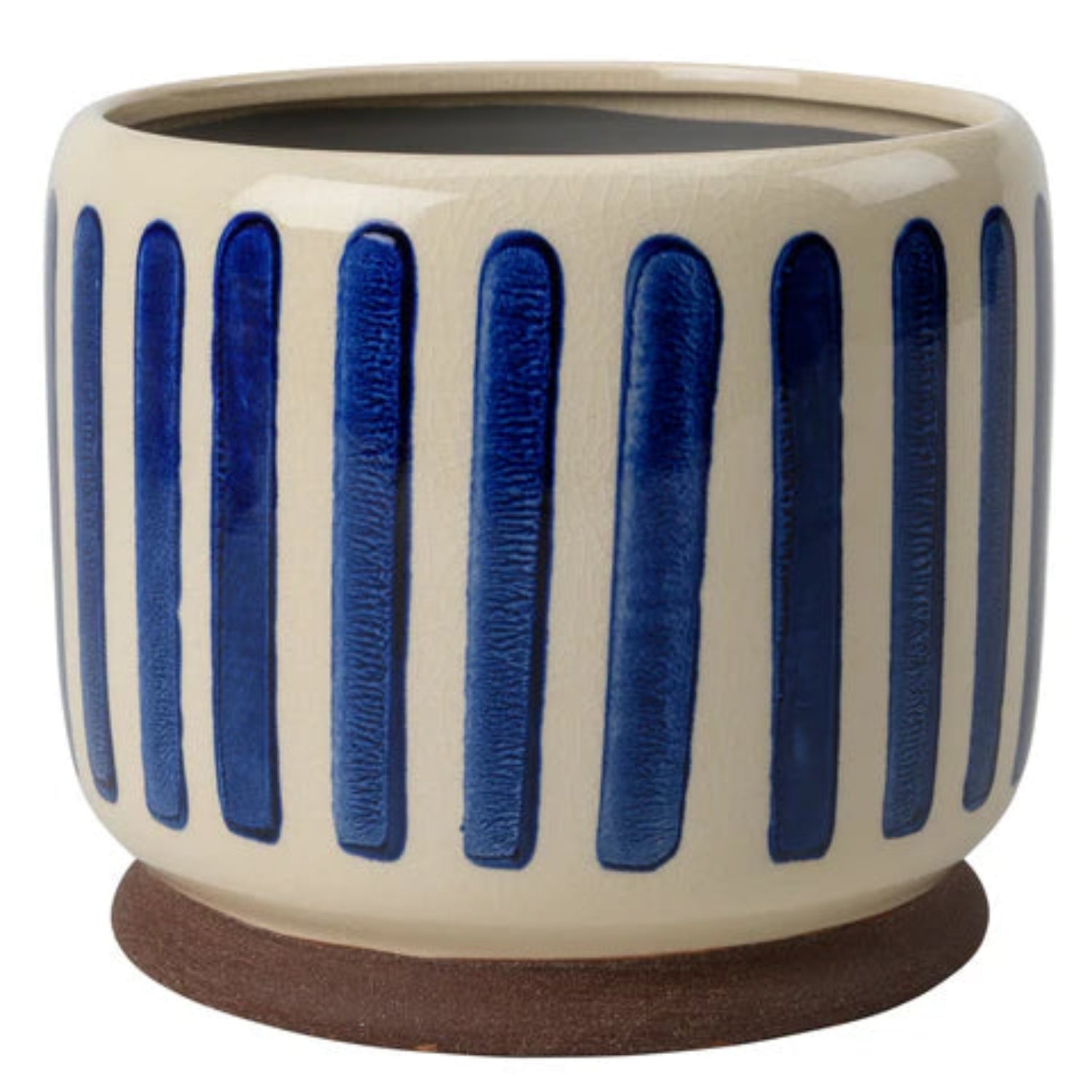 Ceramic planter with blue vertical stripes on a white background