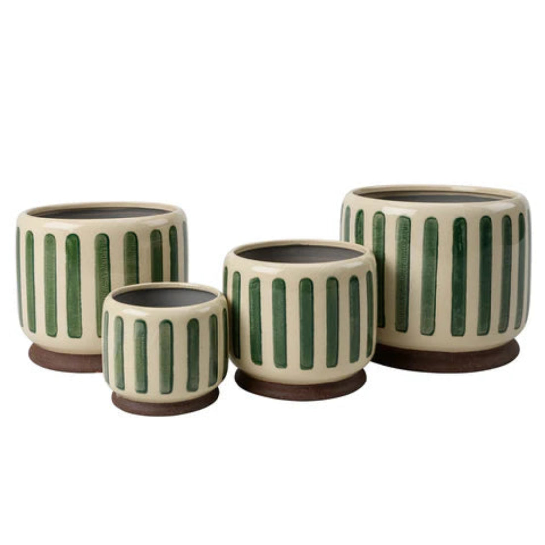 Set of four ceramic planters with green vertical stripes on a white background