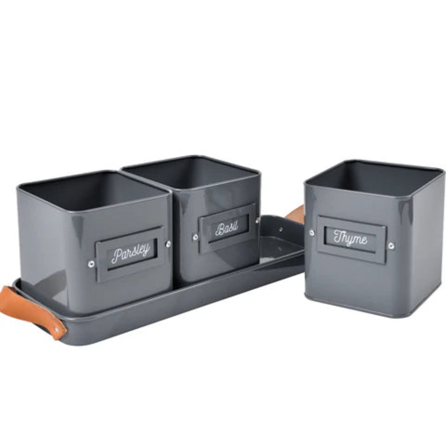 Set of gray metal herb pots with labels on a white background