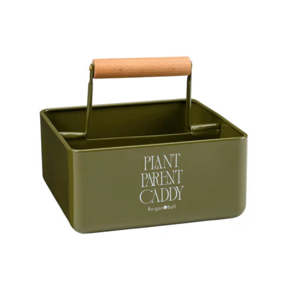 Green metal plant caddy with wooden handle on a white background