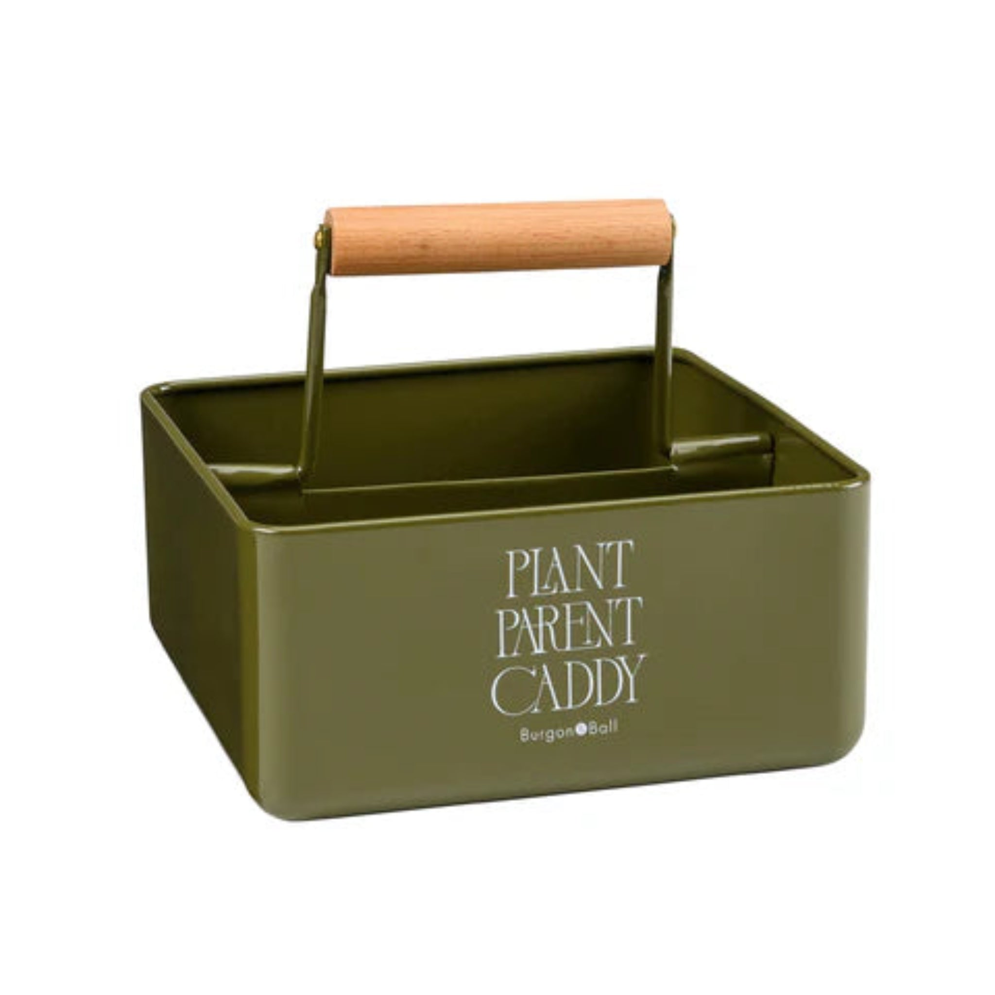 Green metal plant caddy with wooden handle on a white background
