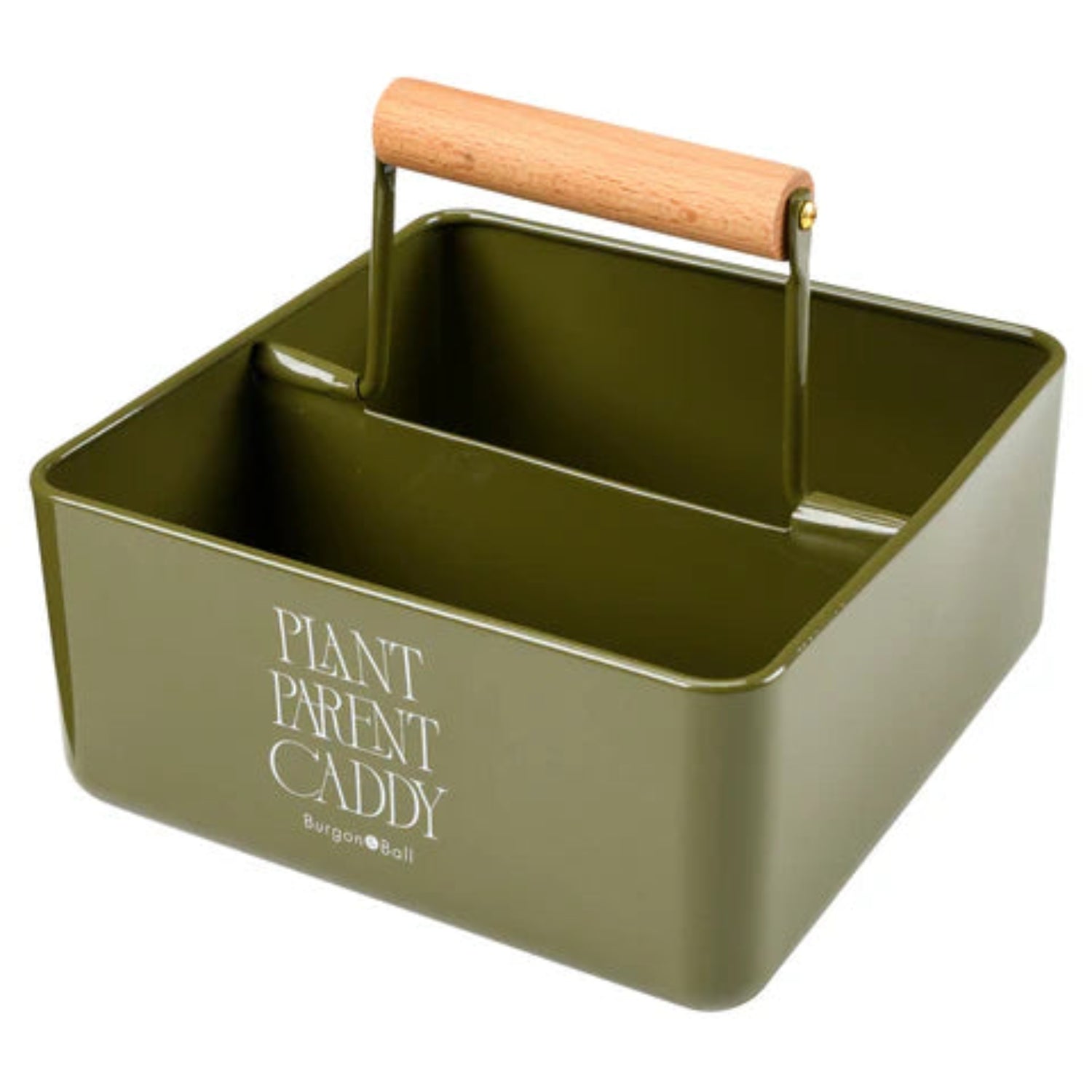 Green plant caddy with wooden handle on a white background