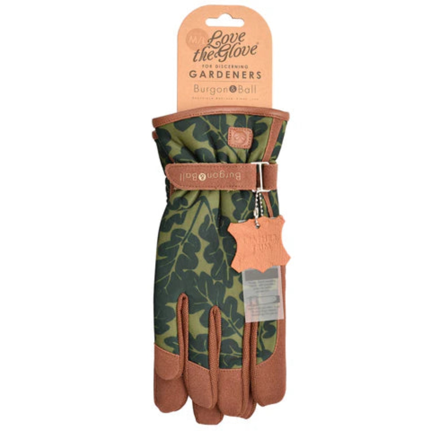 Pair of gardening gloves with leaf pattern and brown accents on a white background