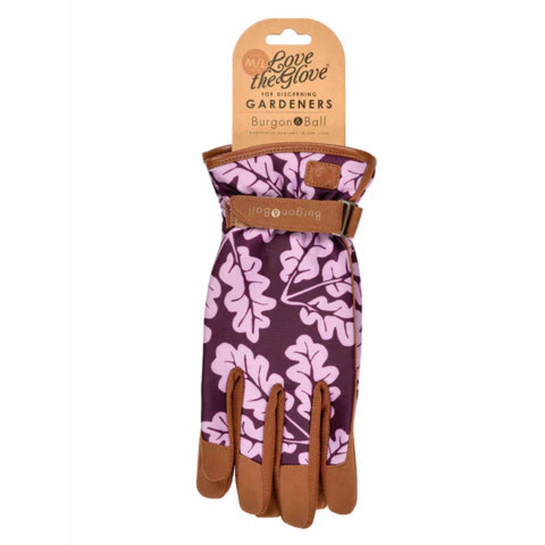 Gardening glove with pink leaf pattern on a white background