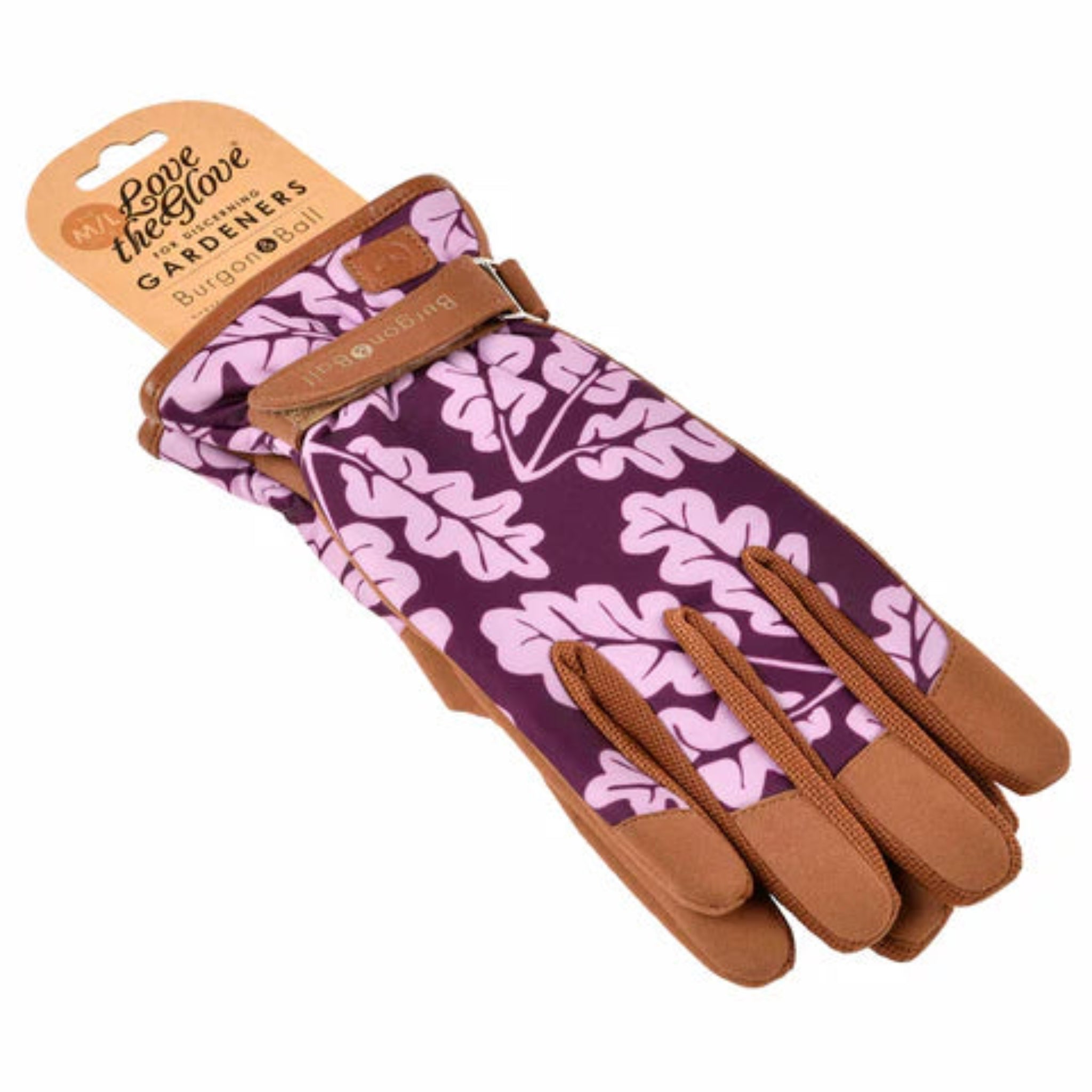 Gardening glove with purple leaf pattern on a white background