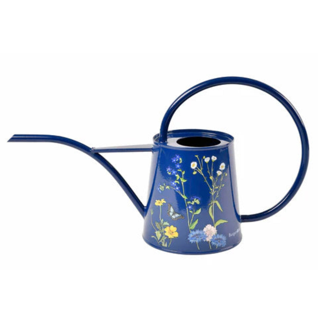 Blue watering can with floral design on a white background