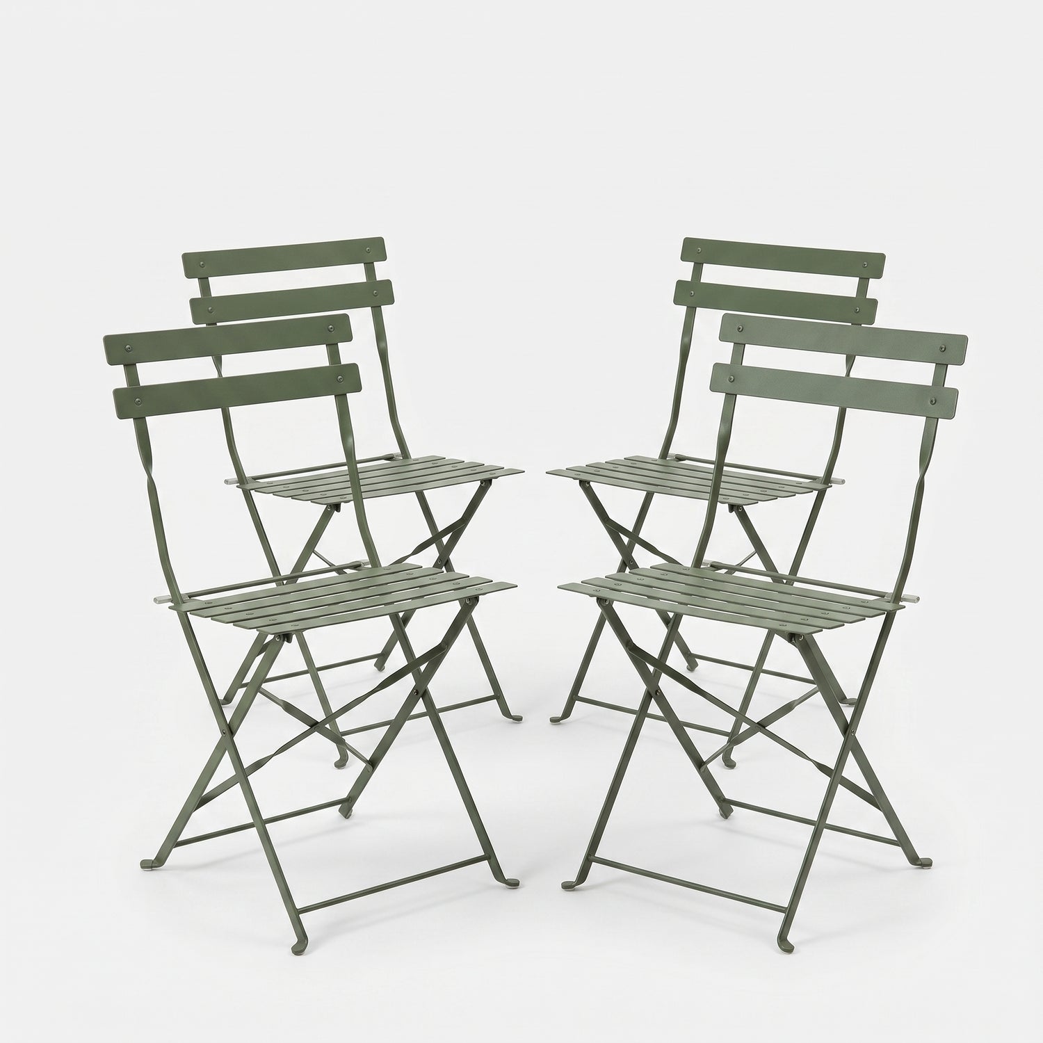 Set of four green folding chairs on a white background