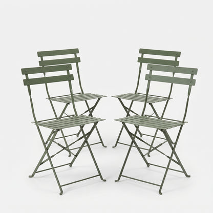 Set of four green folding chairs on a white background