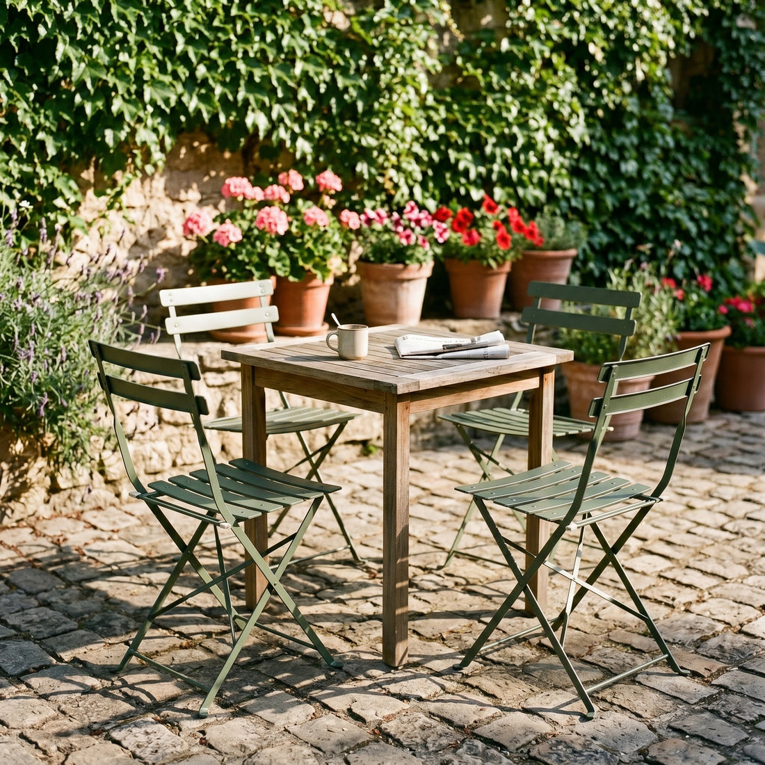 Outdoor setting with wooden table and green chairs surrounded by potted plants on a stone patio.