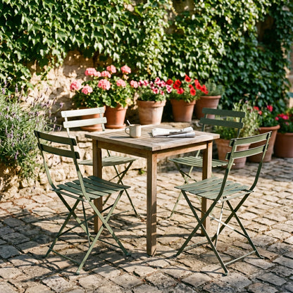 Outdoor setting with wooden table and green chairs surrounded by potted plants on a stone patio.