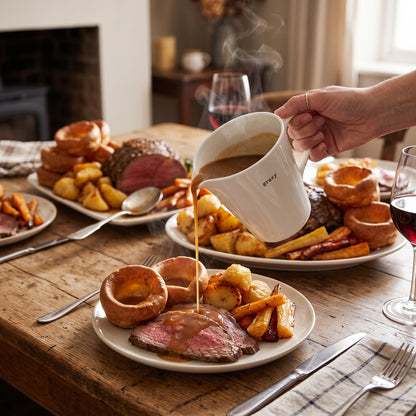 A white ceramic gravy boat pitcher with steam rising from it, being used to pour gravy over a plate of roast meat, Yorkshire pudding, and roasted potatoes on a wooden dining table. A hand is holding the pitcher in a cozy, warmly lit home dining setting.