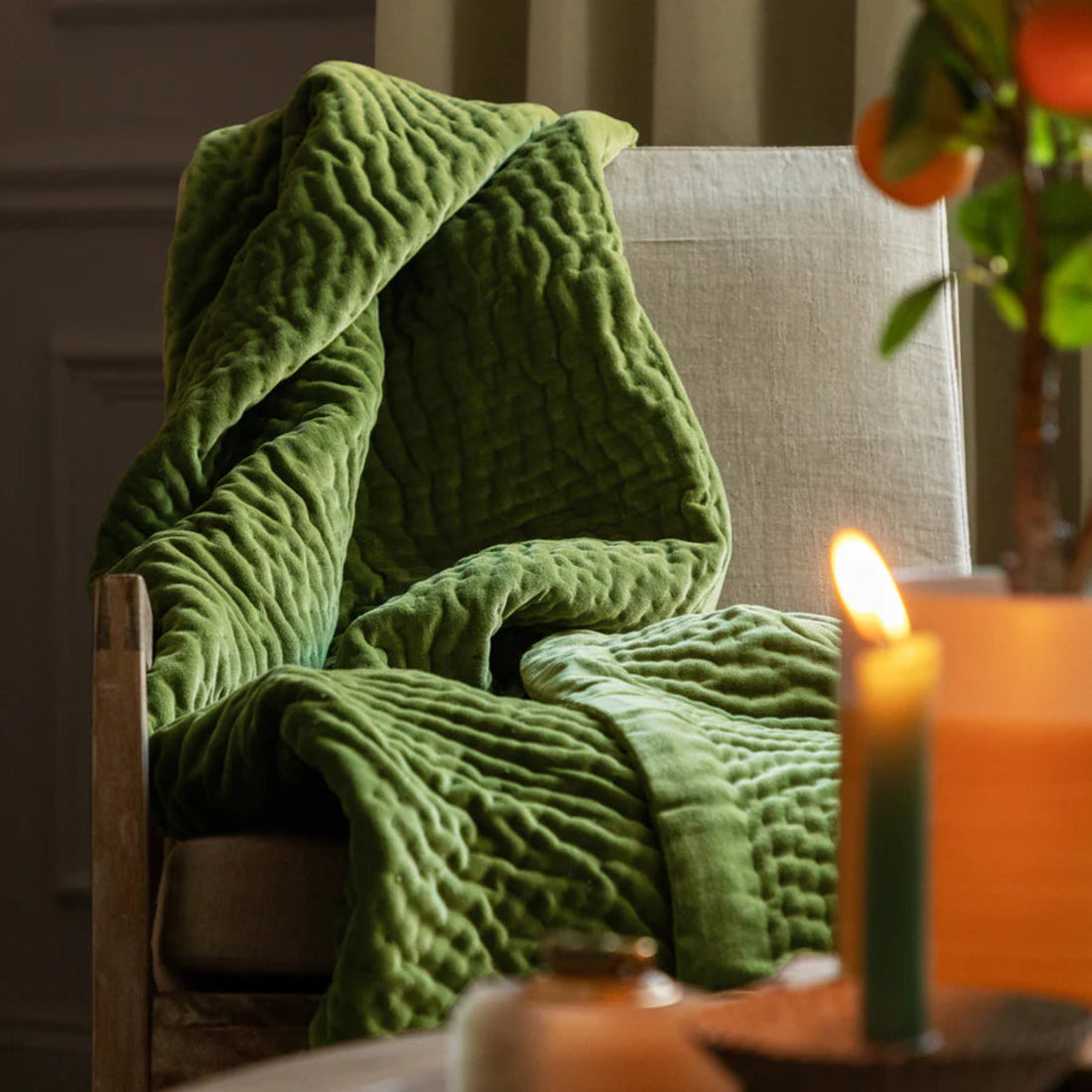 Voyage Maison Haze Velvet Quilted Throw Grass Green