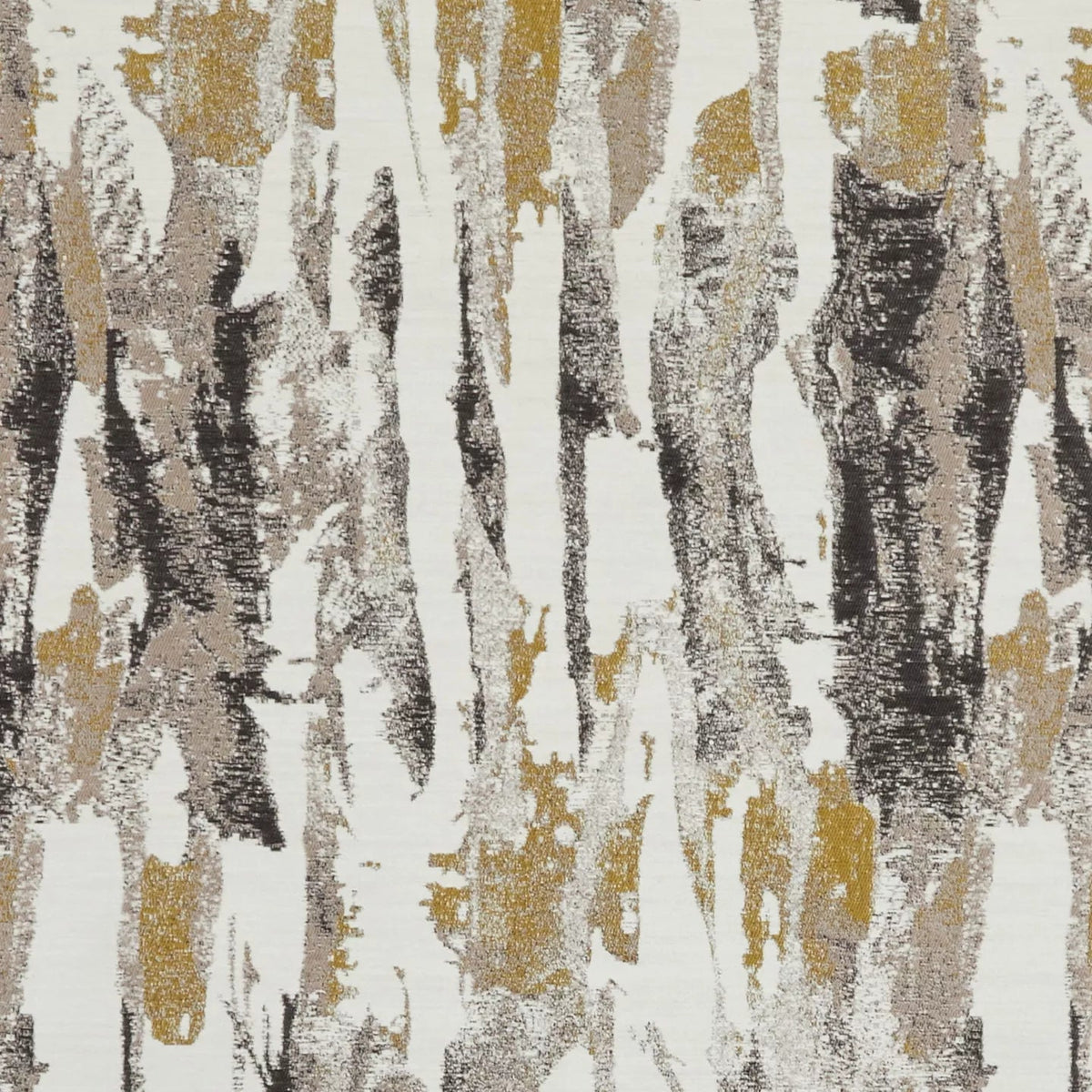 Abstract vertical brushstroke pattern in white, gray, black, taupe, and metallic gold, resembling textured tree bark or paint strokes.