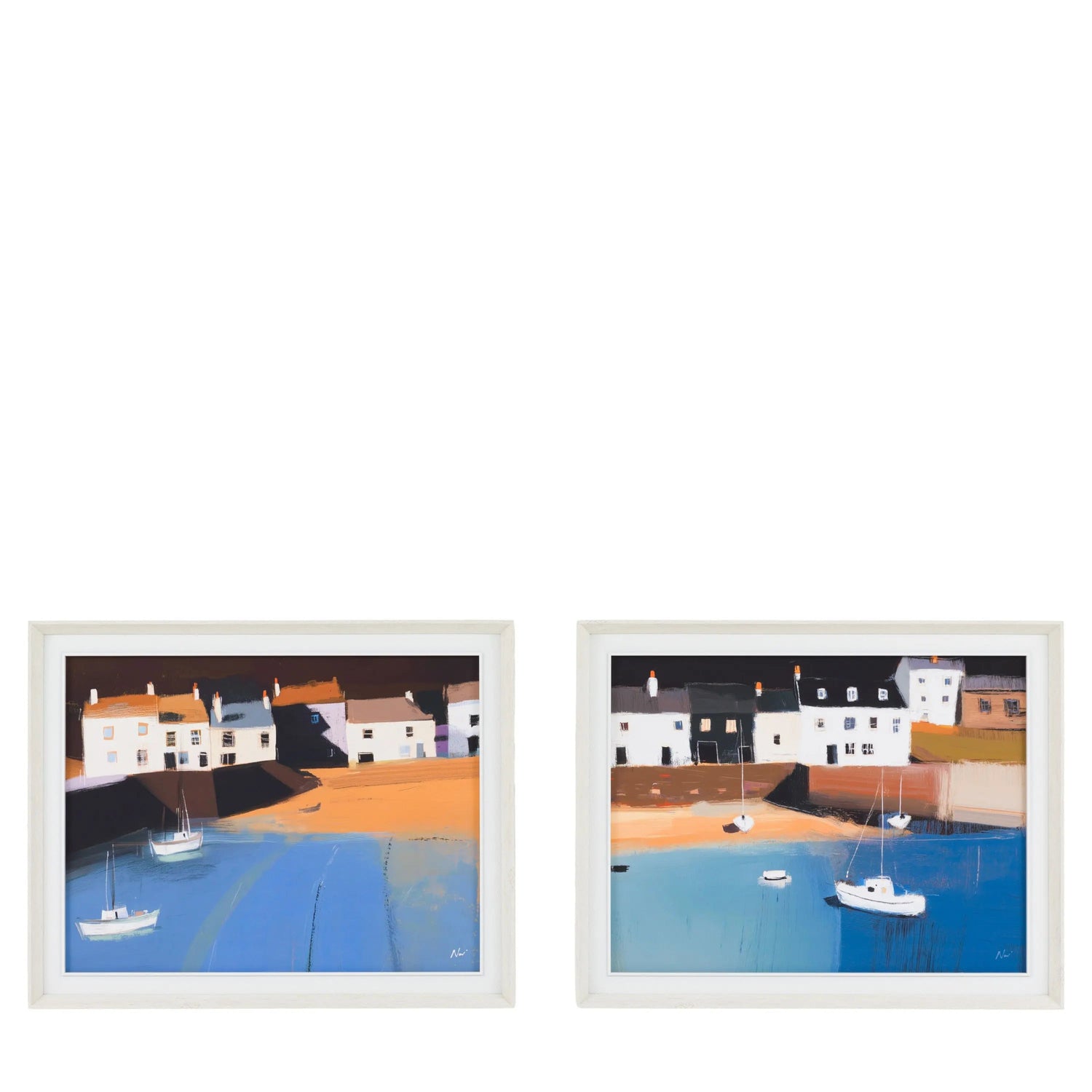 Two framed paintings of a coastal scene with houses and boats on a white background