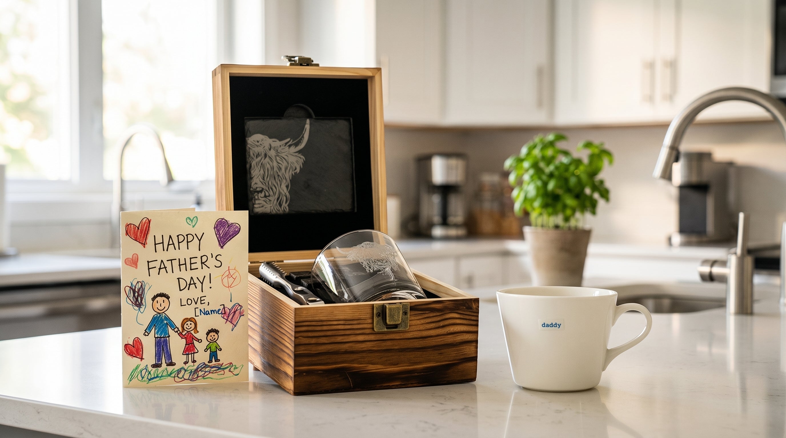 a wooden box with a card and a mug on a counter