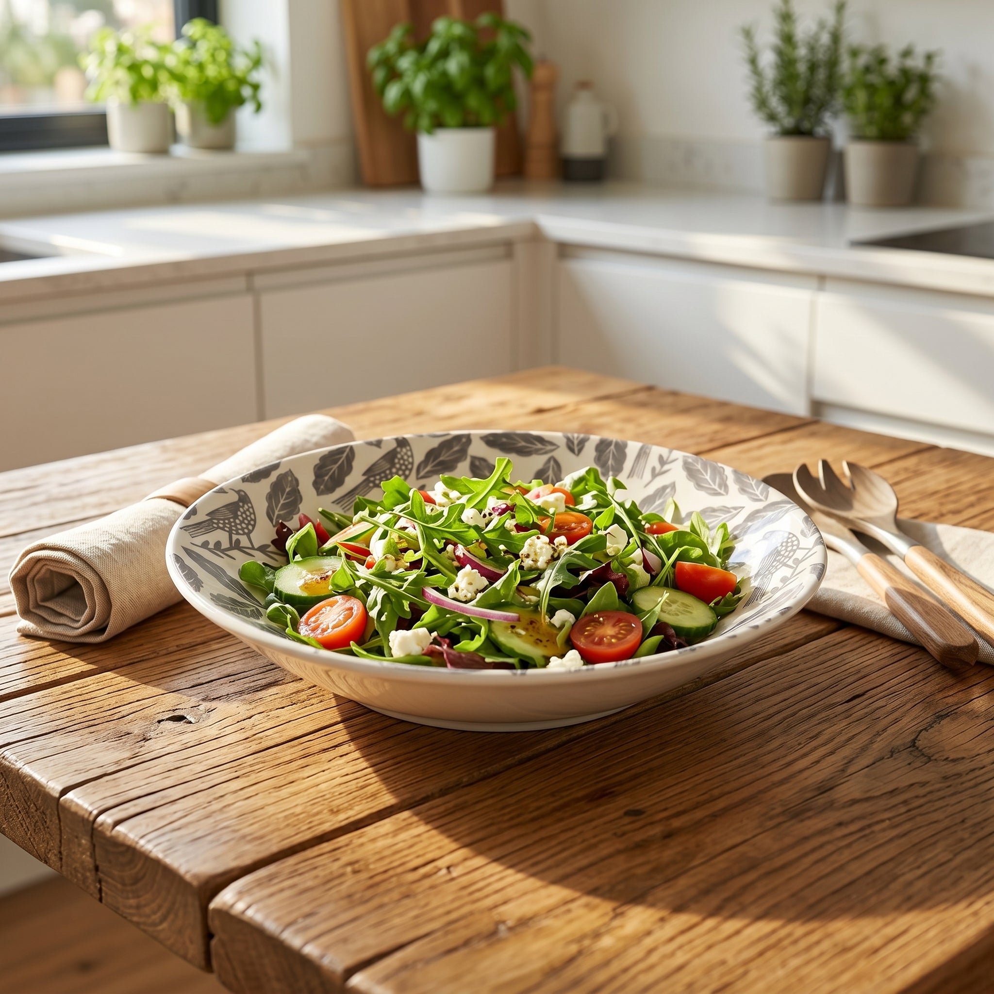 Bowl of salad on a wooden table in a kitchen