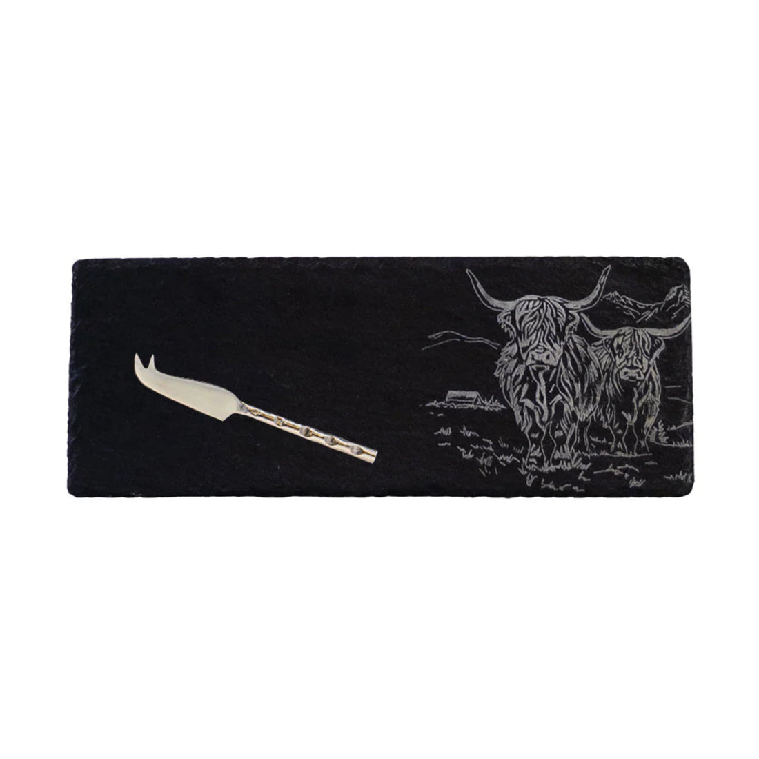 Selbrae House Scenic Highland Cow Mini Slate Cheese Board &amp; Knife Set