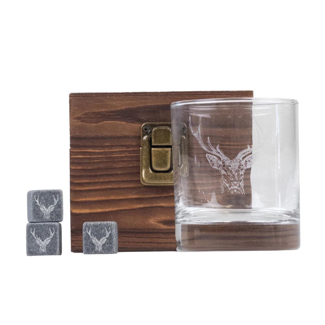Glass with deer etching, wooden box, and stone coasters on a white background