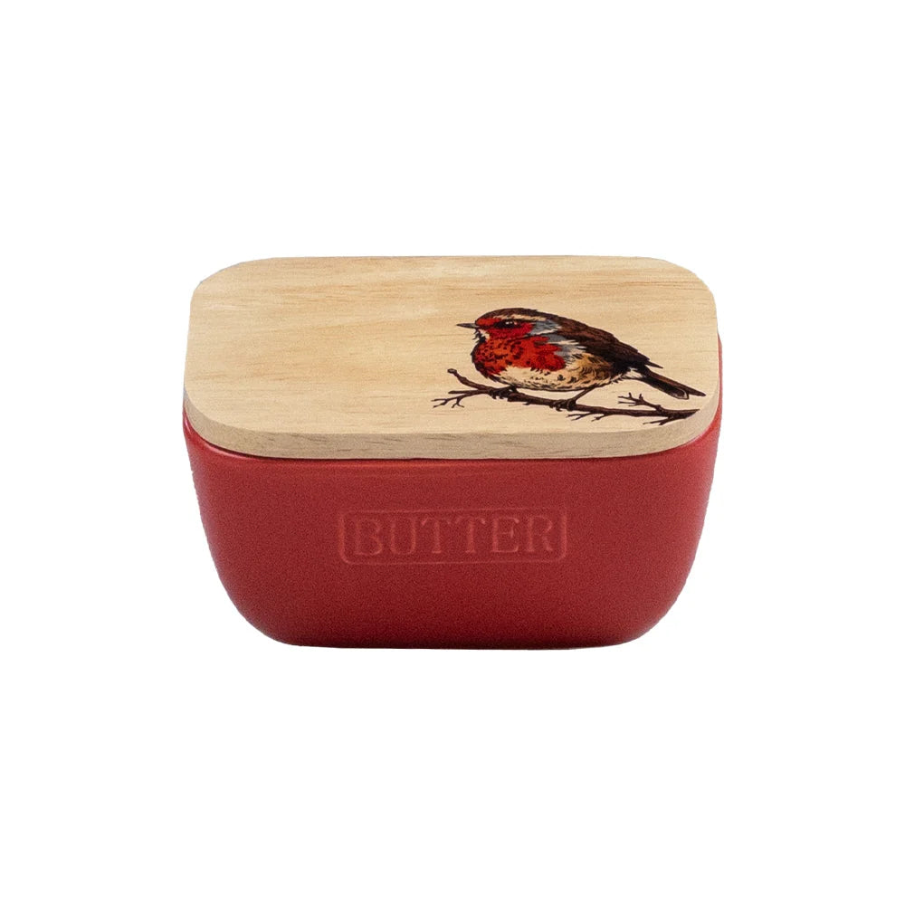 a red container with a wooden lid