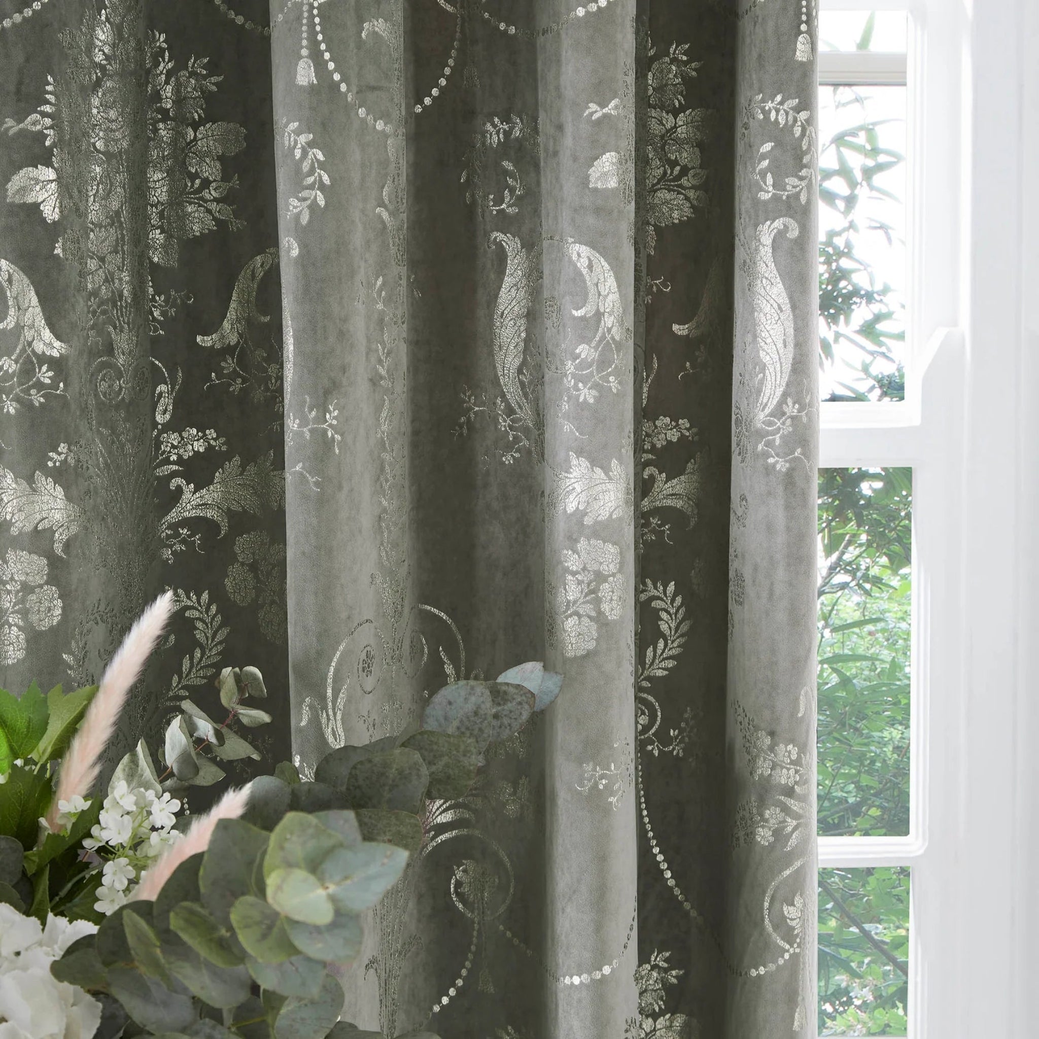 Laura Ashley Josette Metallic Eyelet Velvet Curtains Steel