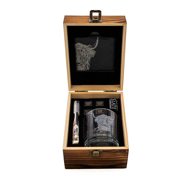 Just Slate Company Highland Cow Whiskey Glass Drinks Gift Set