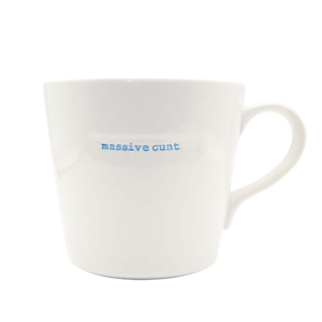 White mug with blue text on a white background