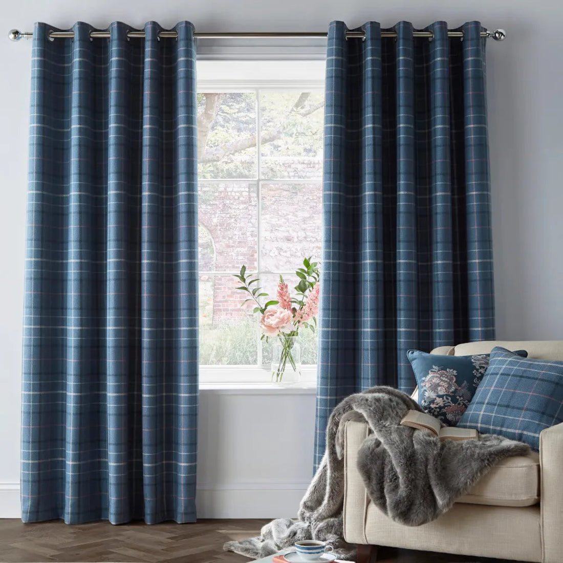 Laura Ashley Alfriston Check Blackout Curtains Dark Seaspray