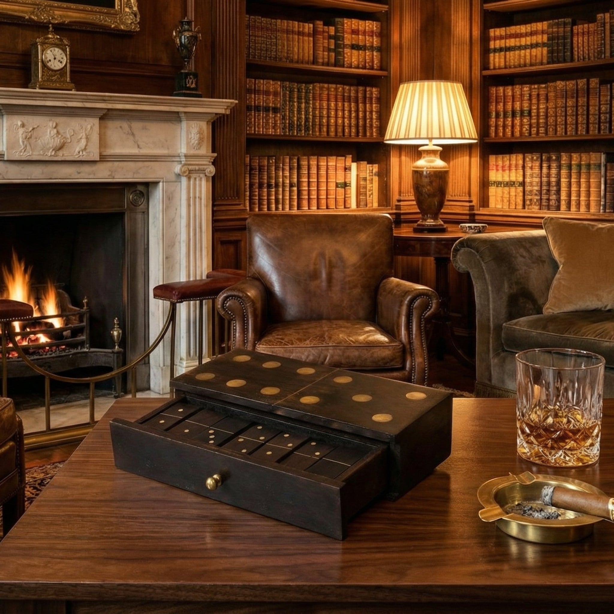 Luxurious living room with leather furniture, bookshelves, and a fireplace.