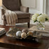 Living room with a coffee table, armchair, and decorative items.