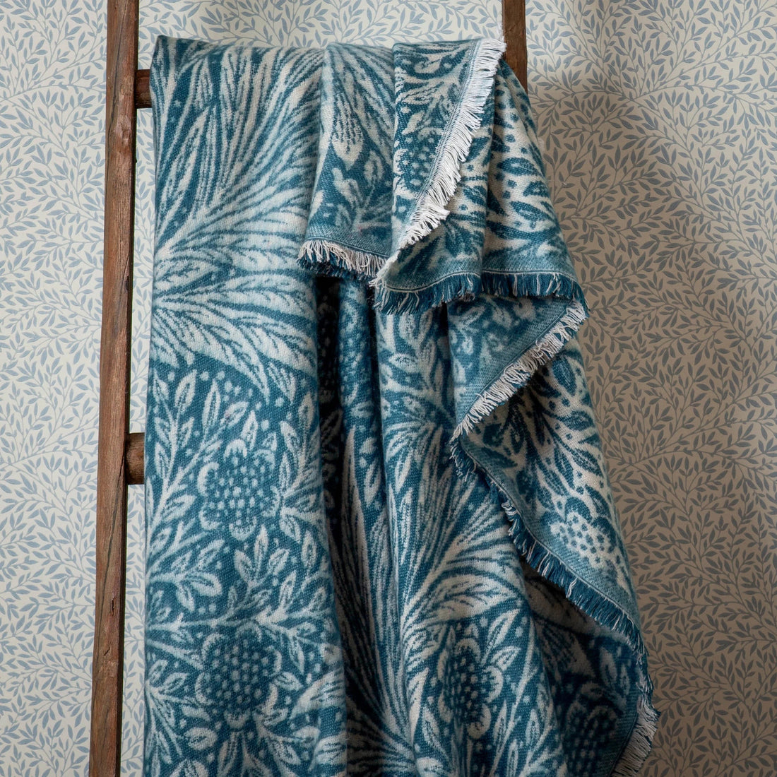 Morris &amp; Co Marigold Jacquard Throw Indigo Blue 130cm x 170cm
