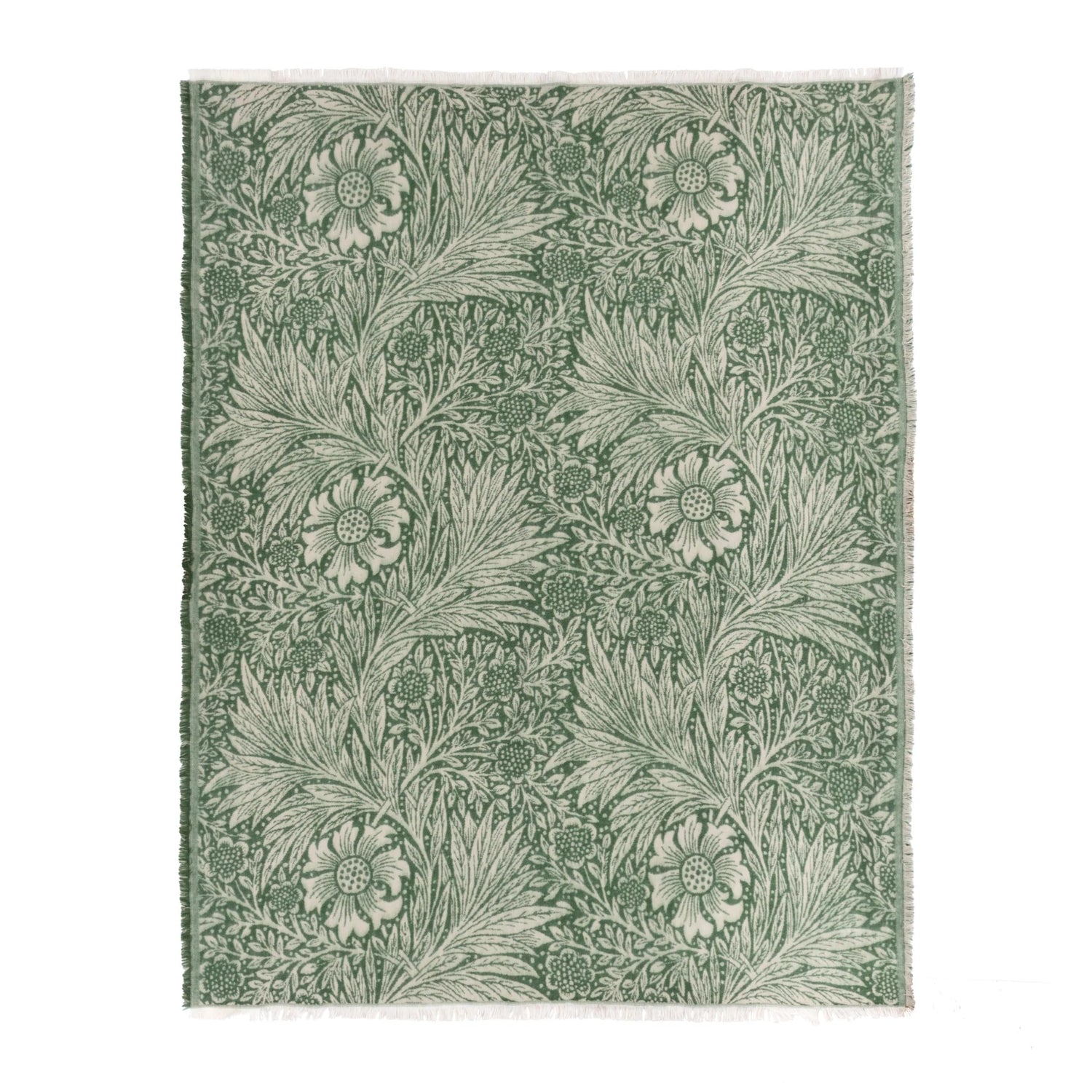 Floral patterned rug with green leaves and flowers on a white background