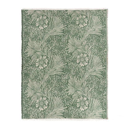 Floral patterned rug with green leaves and flowers on a white background