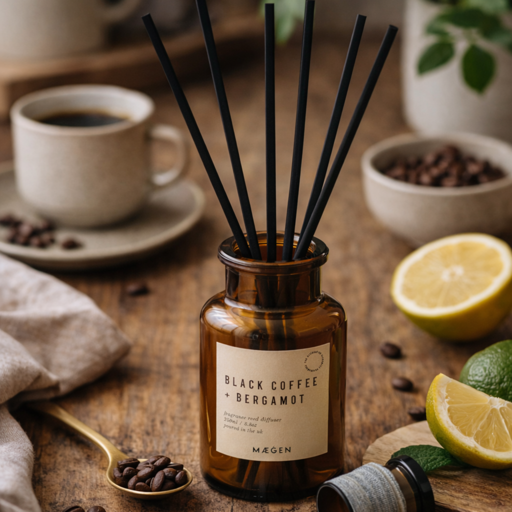 Aromatherapy diffuser with black coffee and bergamot scent on a wooden table with coffee beans, lemon, and lime.