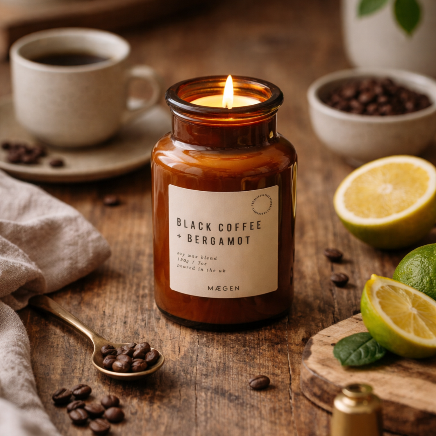 Candle in a glass jar labeled &