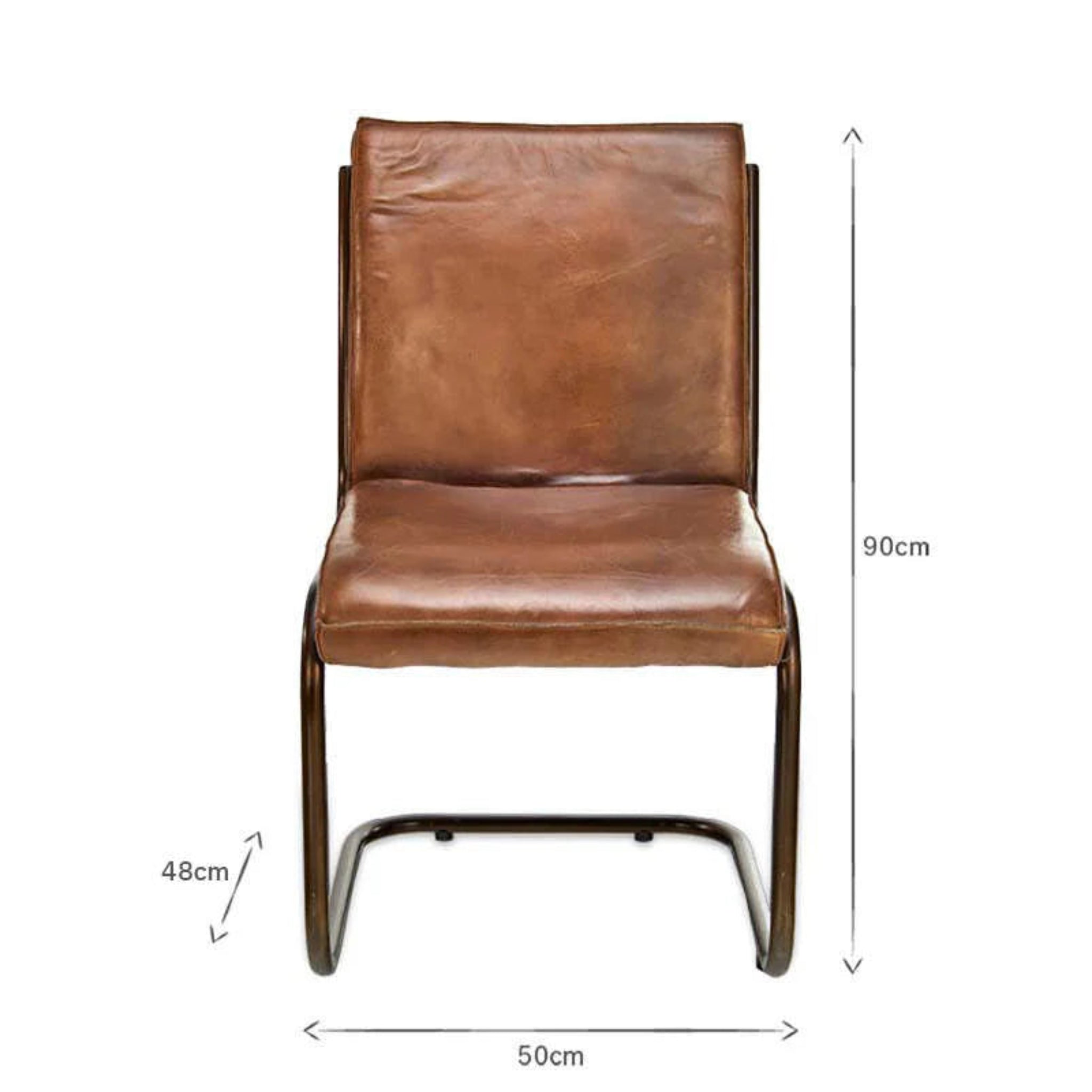 Brown leather chair with dimensions labeled on a white background