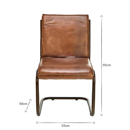 Brown leather chair with dimensions labeled on a white background