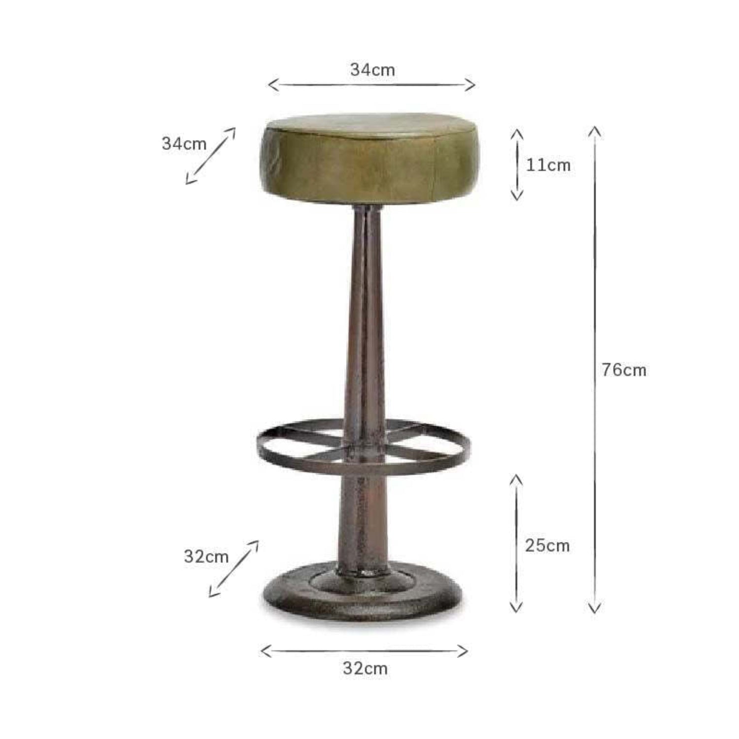 Bar stool with dimensions labeled on a white background