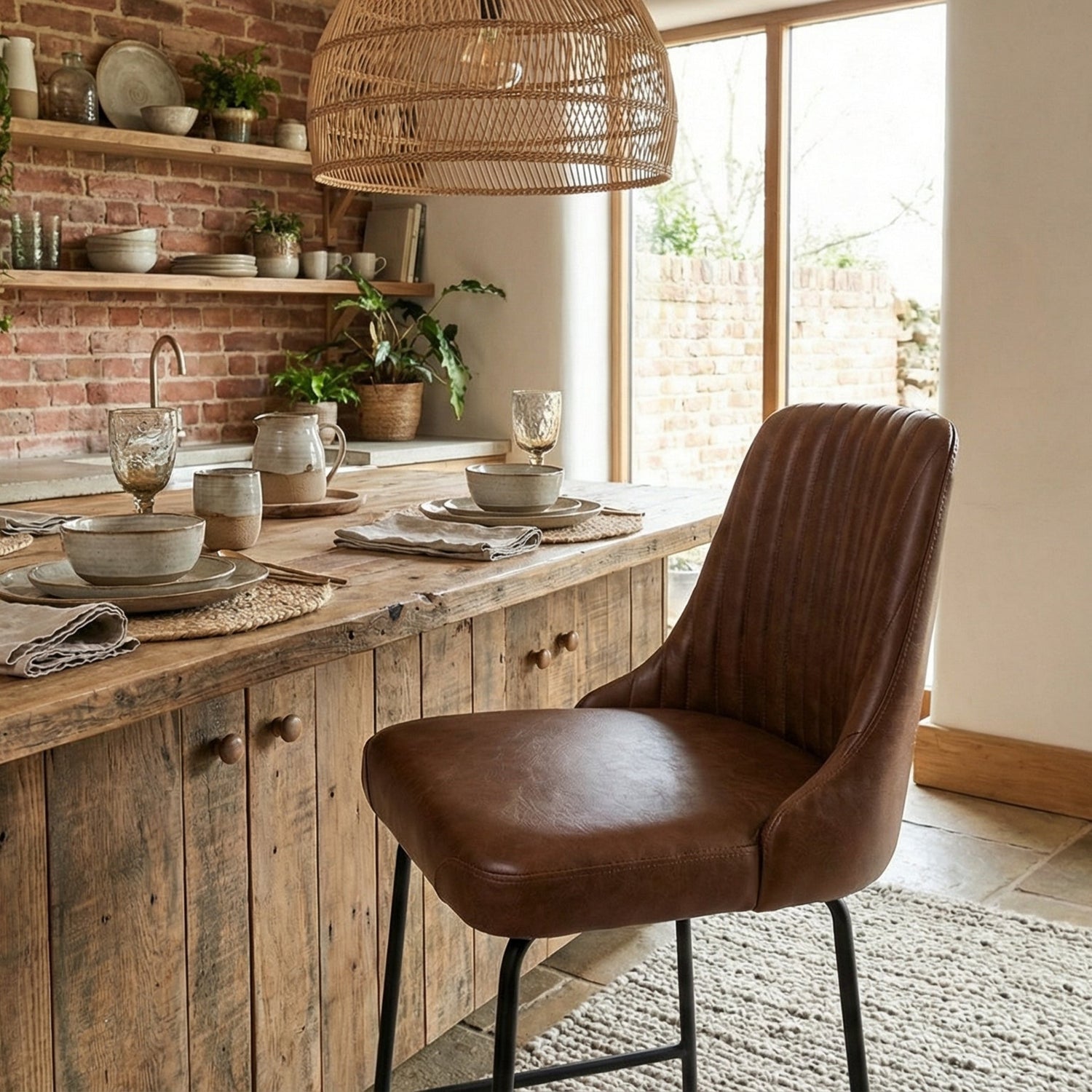 Dining area with wooden table and chairs in a rustic kitchen setting.