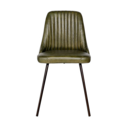 Green chair with black legs on a white background